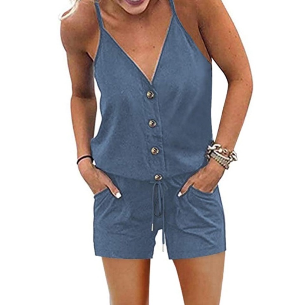 YIBOCK  V Neck Button Down Drawstring Waist Racerback Romper Size Large